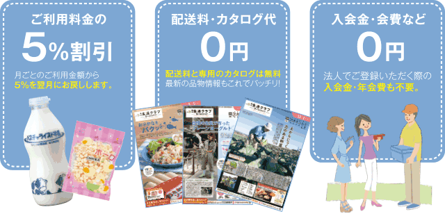 「ご利用料金の5%割引」月ごとのご利用金額から 5%を翌月にお戻しします。 「配送料・カタログ代0円」配送料と専用のカタログは無料最新の品物情報もこれでバッチリ！ 「入会金・会費など0円」法人でご登録いただく際の 入会金・年会費も不要。※生協への出資金等もご負担いただくことはありません。